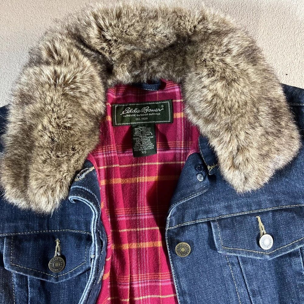 Y2K Eddie Bauer Denim Jacket XS Flannel Blanket Lined removable‎ Faux Fur